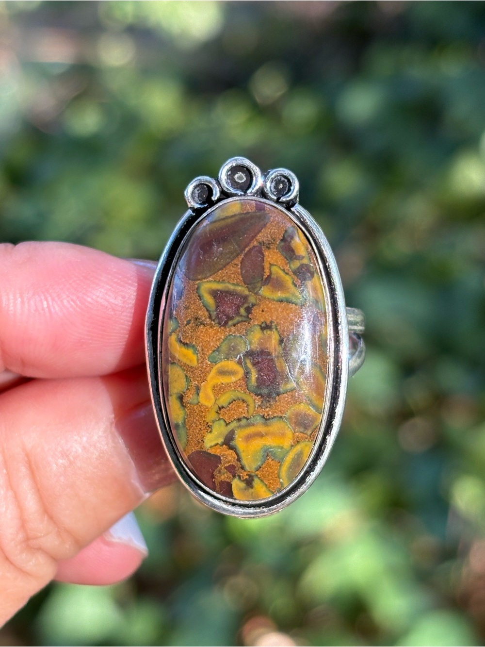 Sterling Silver Yellow & Brown Jasper Oval Statement Ring